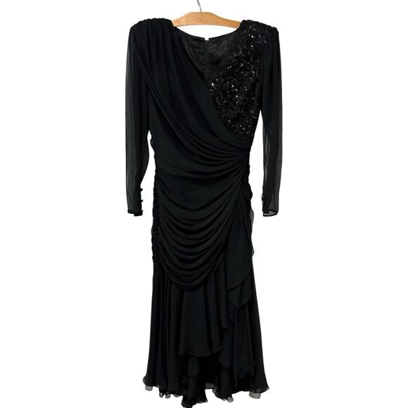 Vintage Tadashi | Dress Cocktail Evening Gown Black Ruched Sequins- SIze 10 - Picture 1 of 13